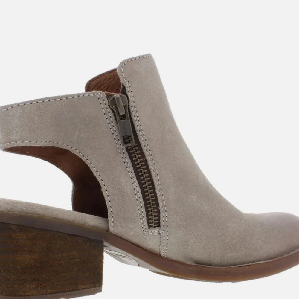 Born Margrit Women’s Sz 8.5 Taupe Suede Booties Open Slingback Buckle Heels Shoe
